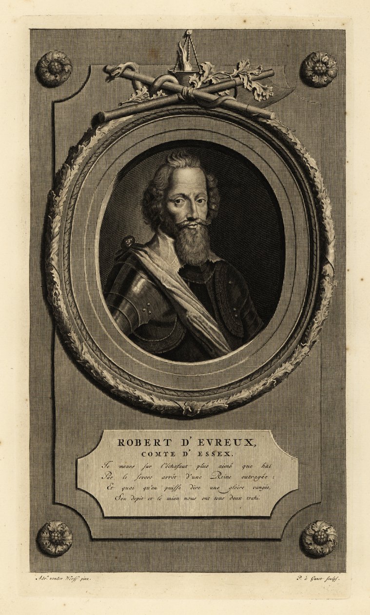 Robert Devereux, 2. Earl of Essex, Favorit von Elisabeth I. In Spitzenkragen, Rüstung, Schärpe. Kupferstich von Pieter Stevens van Gunst nach Adriaen van der Werff aus Isaac de Larrey