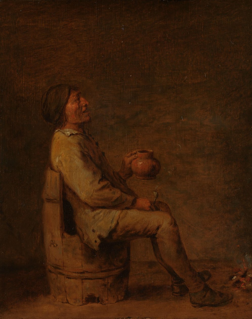 Mann sitzt und hält eine Pfeife und einen Krug in einem Innenraum von Adriaen Brouwer (possibly copy after)