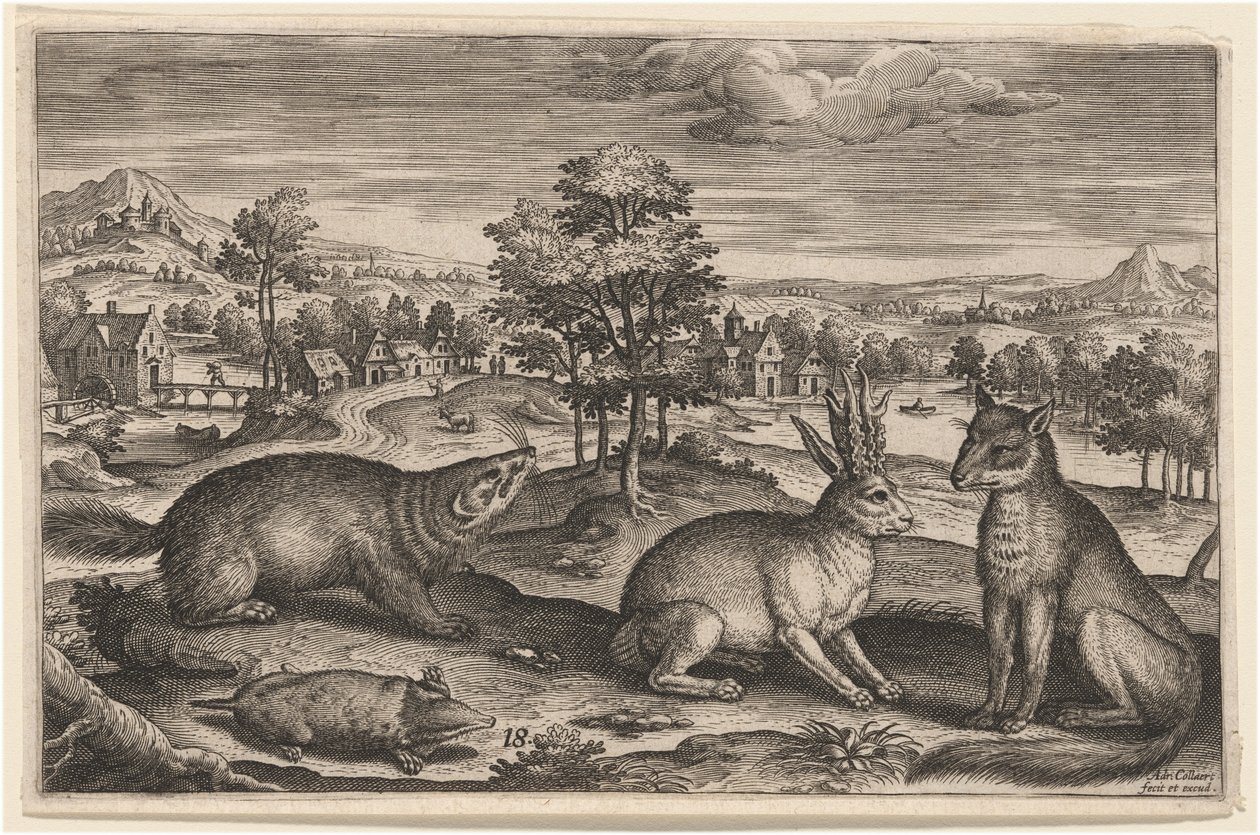 Ein Maulwurf, ein Dachs, ein gehörnter Hase und ein Fuchs von Adriaen Collaert
