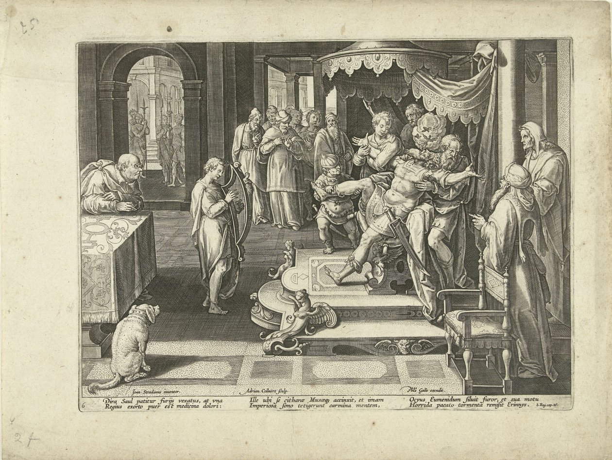David spielt auf seiner Harfe für König Saul (Lobgesang auf die Musik) von Adriaen Collaert