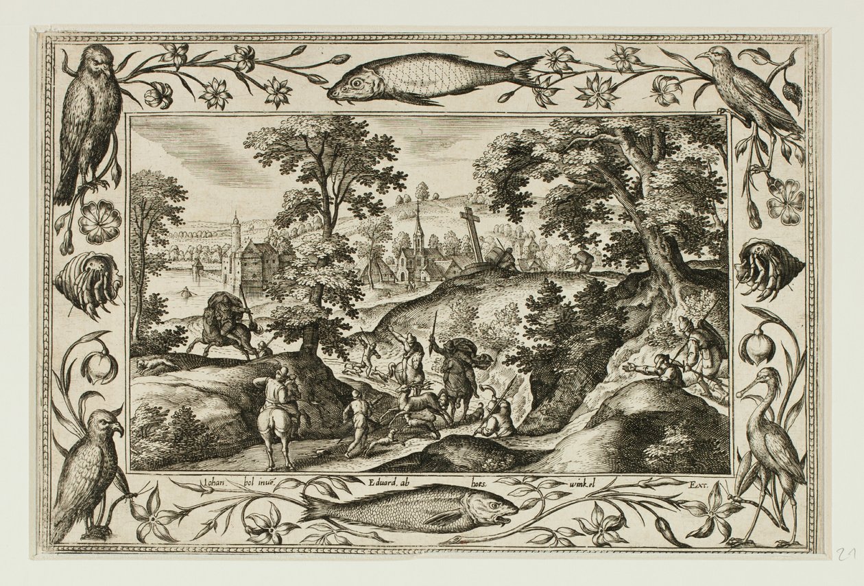 Hirschjagd, aus Landschaften mit Szenen aus dem Alten und Neuen Testament und Jagdszenen von Adriaen Collaert