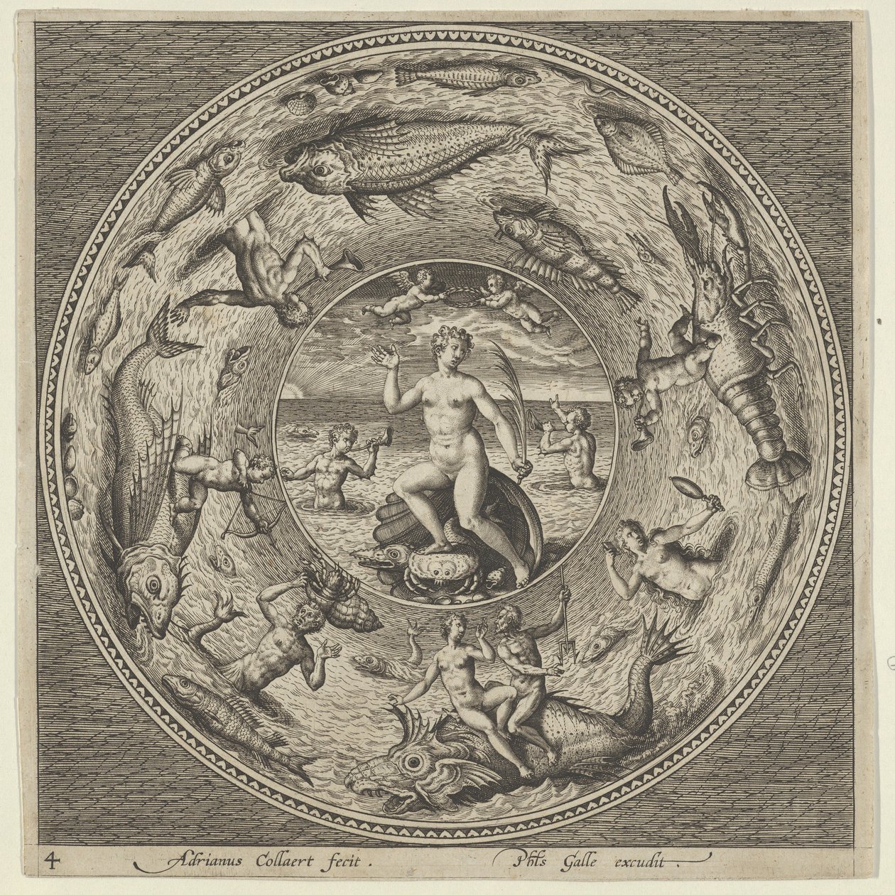 Entwurf für einen Teller mit Galatea auf einer Muschel flankiert von Trompetern in einem Medaillonrand, ca. 1600 von Adriaen Collaert