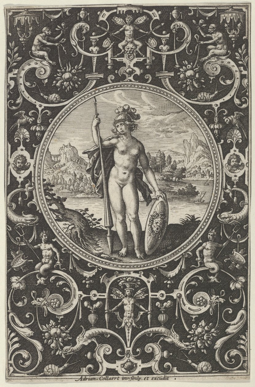 Minerva in einem dekorativen Rahmen mit Grotesken, aus dem Urteil des Paris, ca. 1580-1600 von Adriaen Collaert
