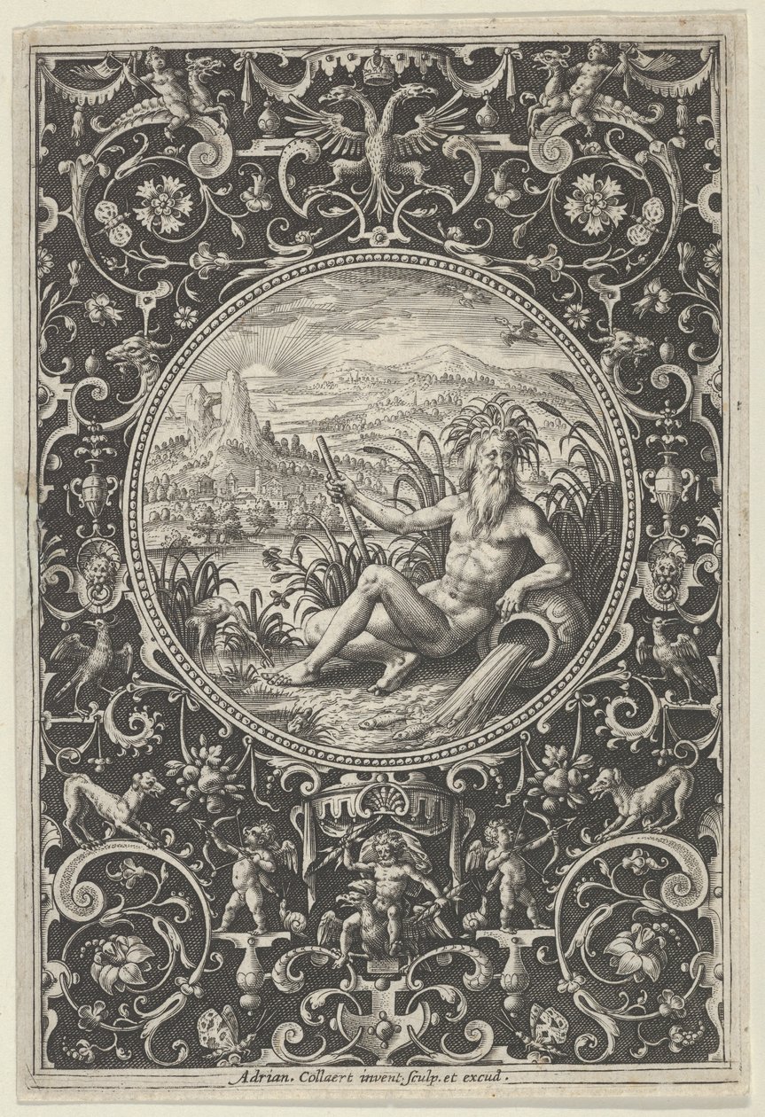 Neptun in einem dekorativen Rahmen mit Grotesken, aus dem Urteil des Paris, ca. 1580-1600 von Adriaen Collaert