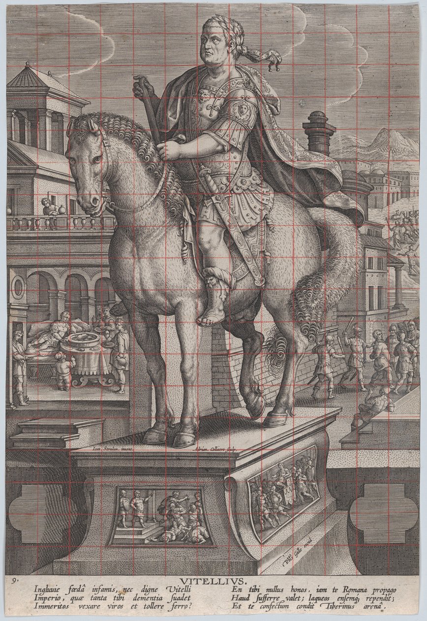 Tafel 9: Reiterstatue von Vitellius, dreiviertel nach links gesehen, ca. 1587-89 von Adriaen Collaert