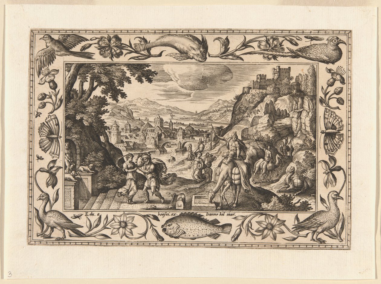 Rebecca und Eliezer am Brunnen, aus Landschaften mit Szenen aus dem Alten und Neuen Testament und Jagdszenen von Adriaen Collaert