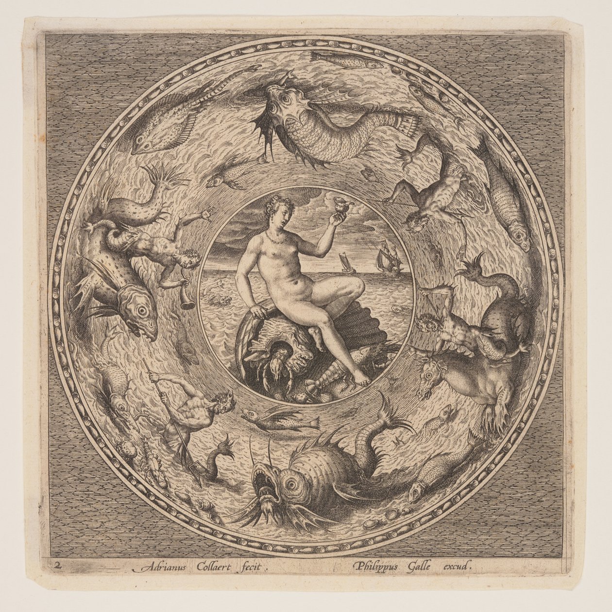 Thetis auf einer Muschel, aus einem Satz von Designs für Teller von Adriaen Collaert