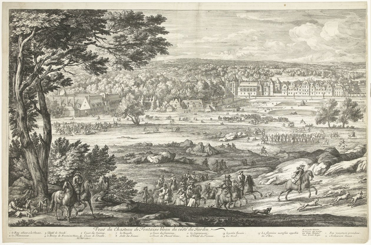 Ansicht der Burg Fontainebleau (linkes Blatt) von Adriaen Frans Boudewyns