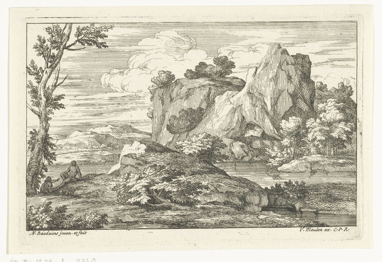 Landschaft mit großem Felsen bei einem Fluss von Adriaen Frans Boudewyns