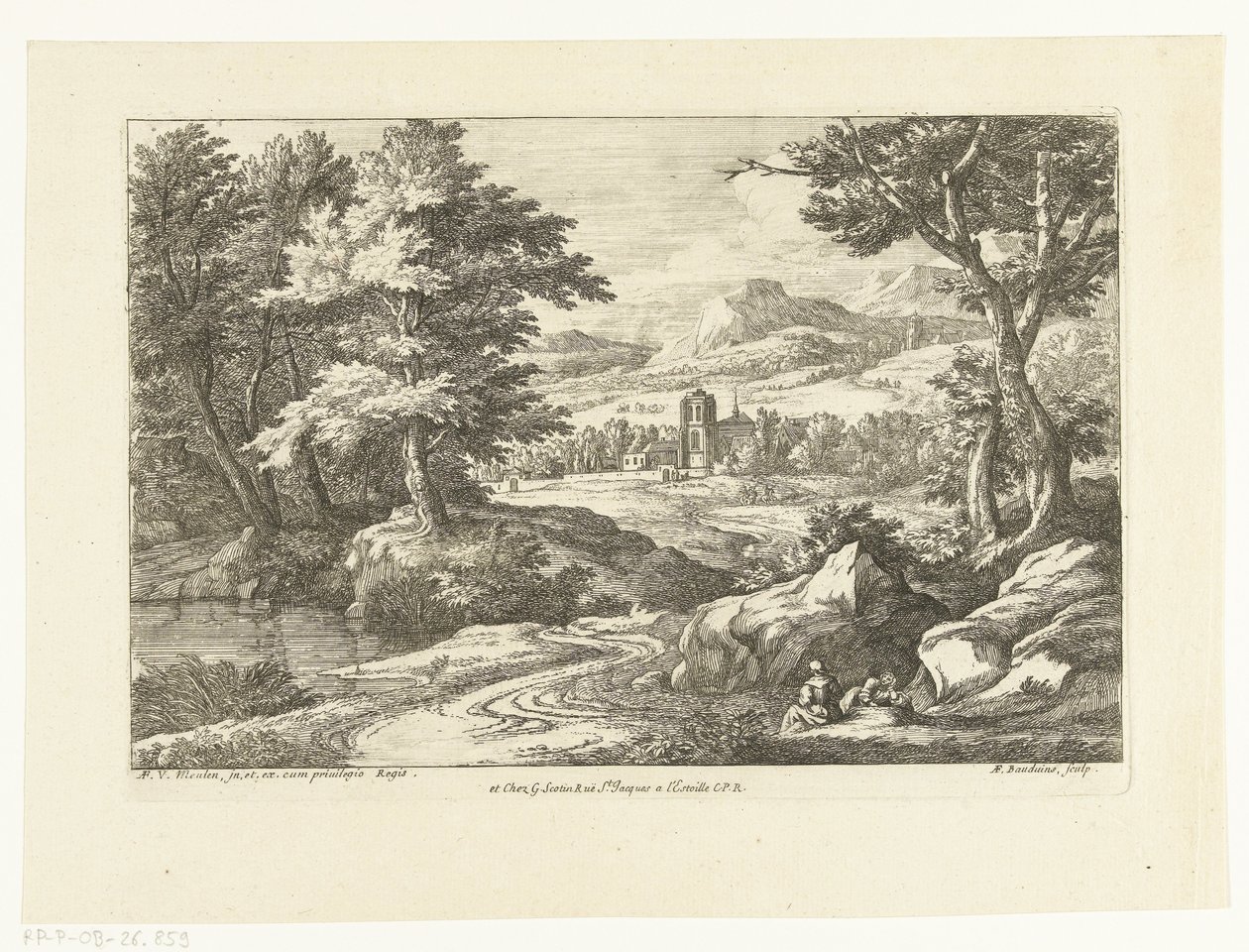 Landschaft mit zwei Figuren entlang eines Weges, in der Ferne eine Kirche von Adriaen Frans Boudewyns