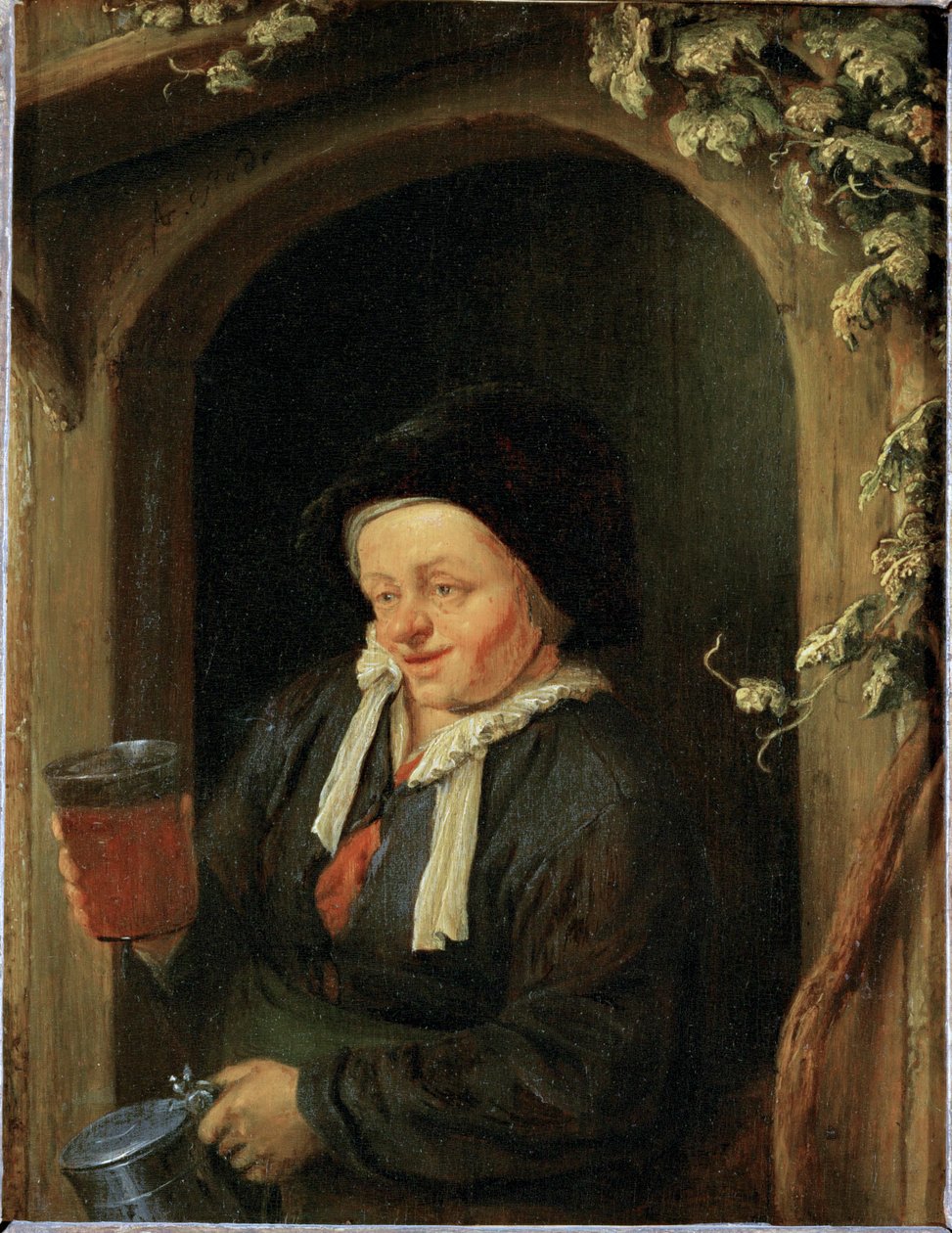 Frau am Fenster mit Krug und Bierglas von Adriaen Jansz. van Ostade