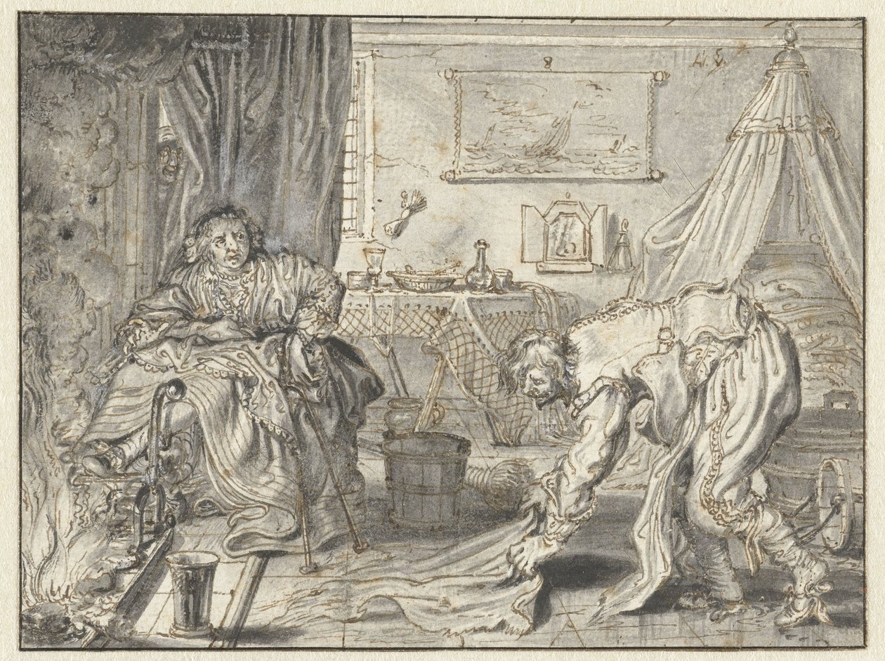 Mann reinigt den Boden, während seine Frau am Herd sitzt von Adriaen Pietersz van de Venne