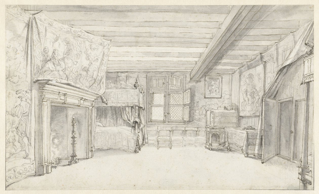 Ansicht einer reich ausgestatteten Kammer mit einem Himmelbett von Adriaen Pietersz van de Venne