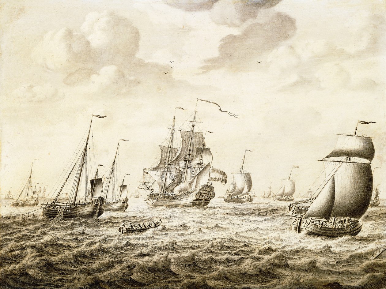 Ein niederländisches Kriegsschiff feuert einen Salut - ein Penschilderij von Adriaen van Salm