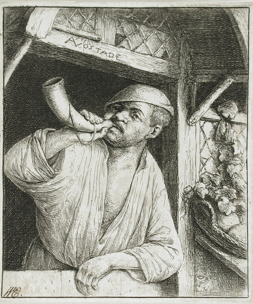 Bäcker, der sein Horn bläst von Adriaen van Ostade