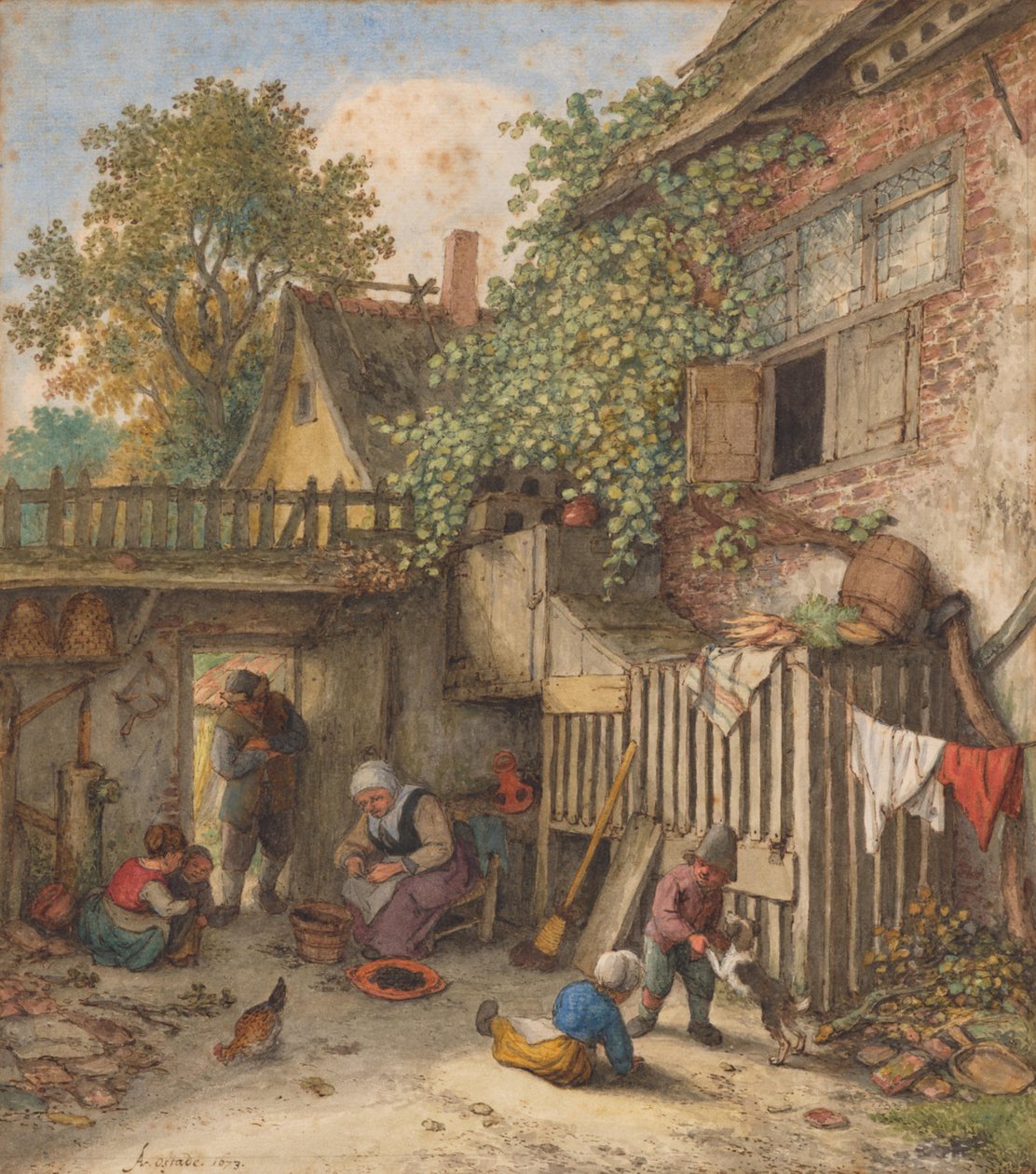 Innenhof mit einer Frau, die Muscheln säubert von Adriaen van Ostade