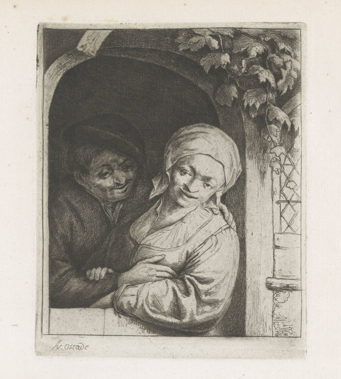 Bauer und Bäuerin als Liebespaar in einer Türöffnung von Adriaen van Ostade