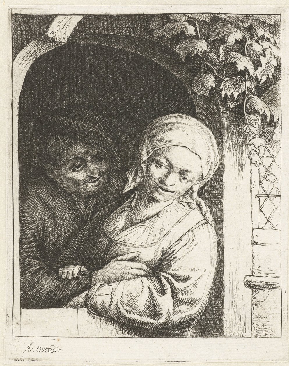 Bauer und Bäuerin als Liebespaar in einer Türöffnung von Adriaen van Ostade