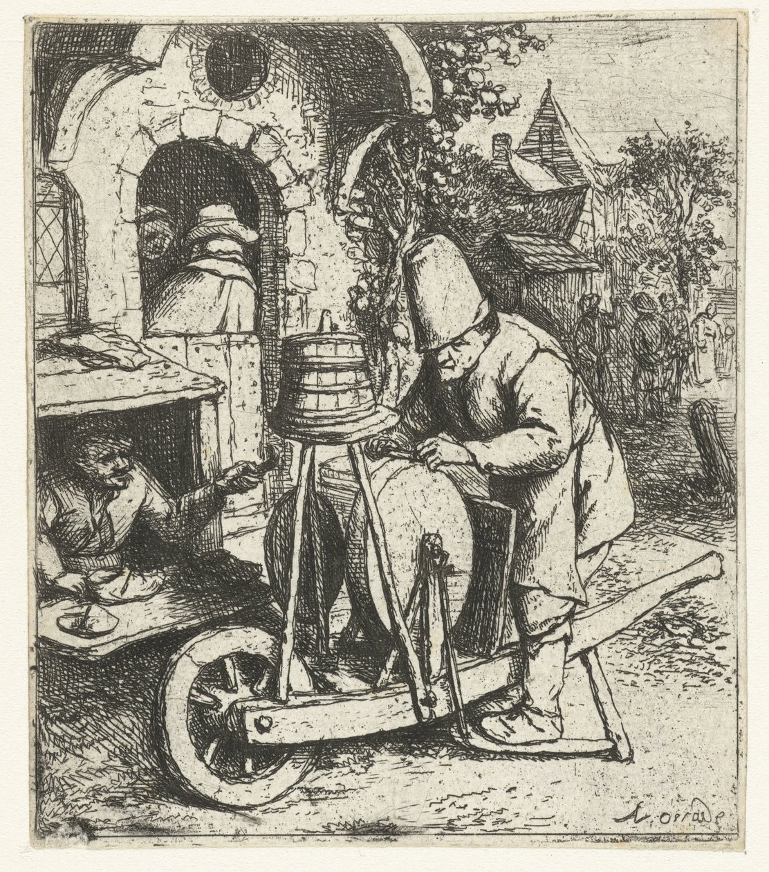 Messerschleifer bei der Arbeit in einer Schuhmacherwerkstatt von Adriaen van Ostade