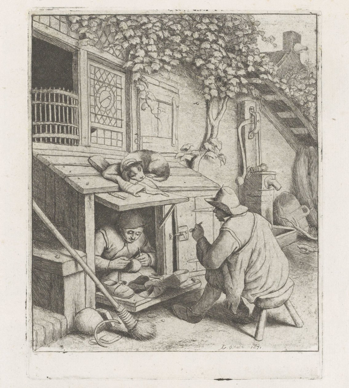 Schuhmacher in einer Werkstatt vor seinem Haus von Adriaen van Ostade