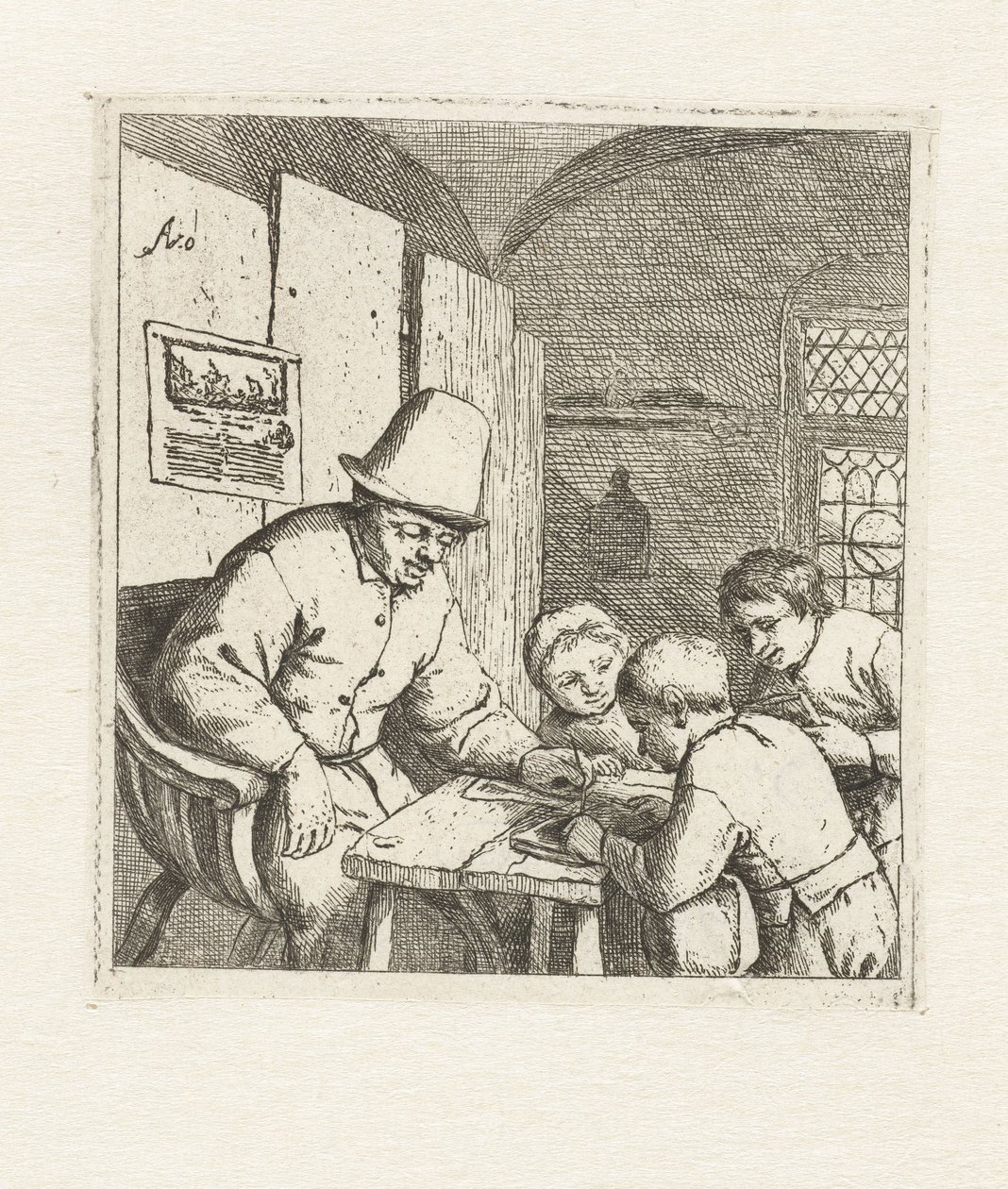 Schulmeister mit drei Schülern am Tisch von Adriaen van Ostade