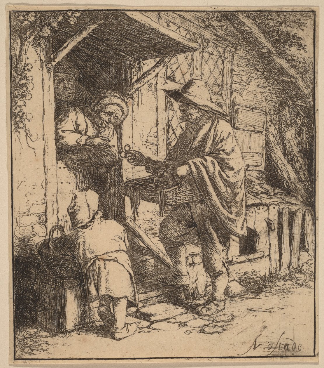 Straßenverkäufer verkauft Brillen an der Tür von Adriaen van Ostade