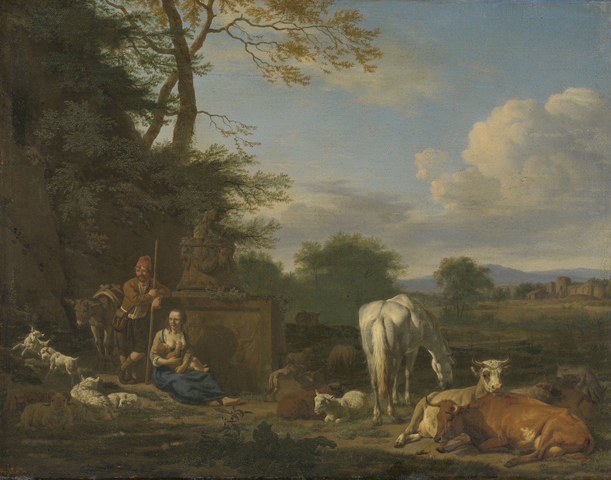 Arkadische Landschaft mit ruhenden Hirten und Tieren, 1664 von Adriaen van de Velde