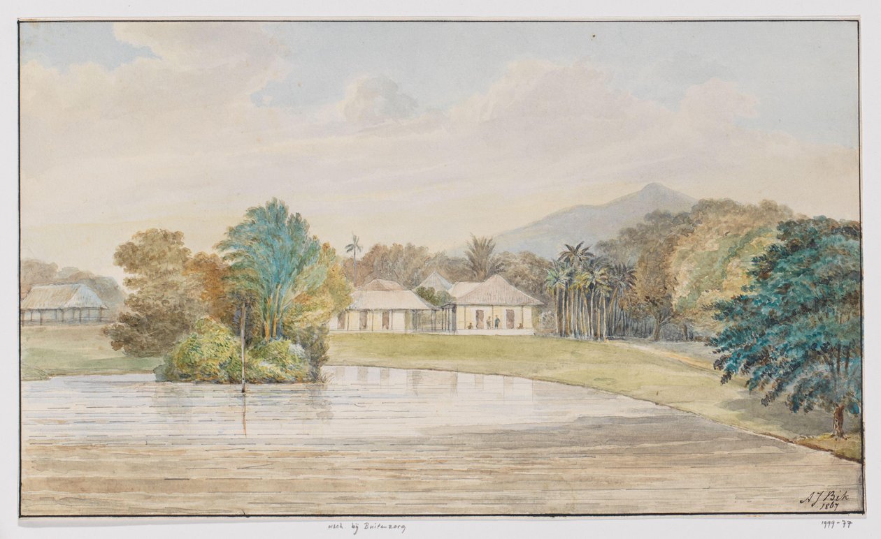 Landschaft mit Wohnhaus und Teich, West-Java von Adrianus Johannes Bik