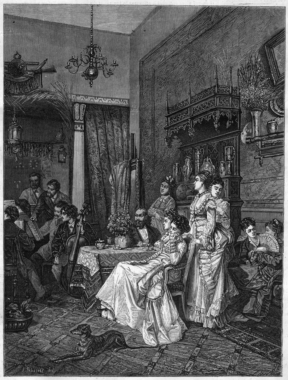 Amateurkonzert in einem Künstleratelier. Gravur nach dem Gemälde von Adrien Moreau in „Das illustre Universum“ von Adrien (after) Moreau