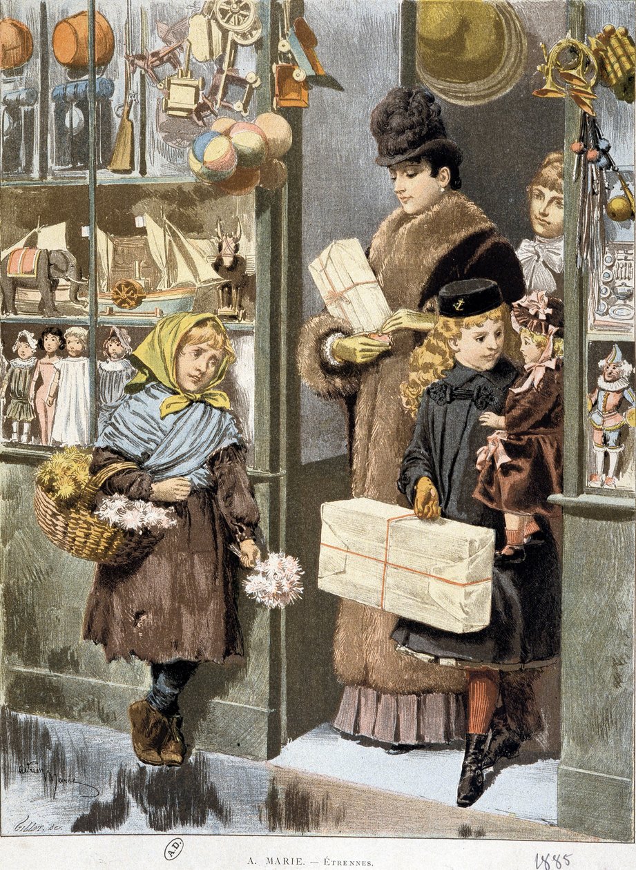 Armes Mädchen verkauft kleine Sträuße am Ausgang eines Spielzeugladens, wo reiche Leute herauskommen (Weihnachtseinkäufe?) - Zeichnung von Adrien Marie von Adrien Emmanuel Marie