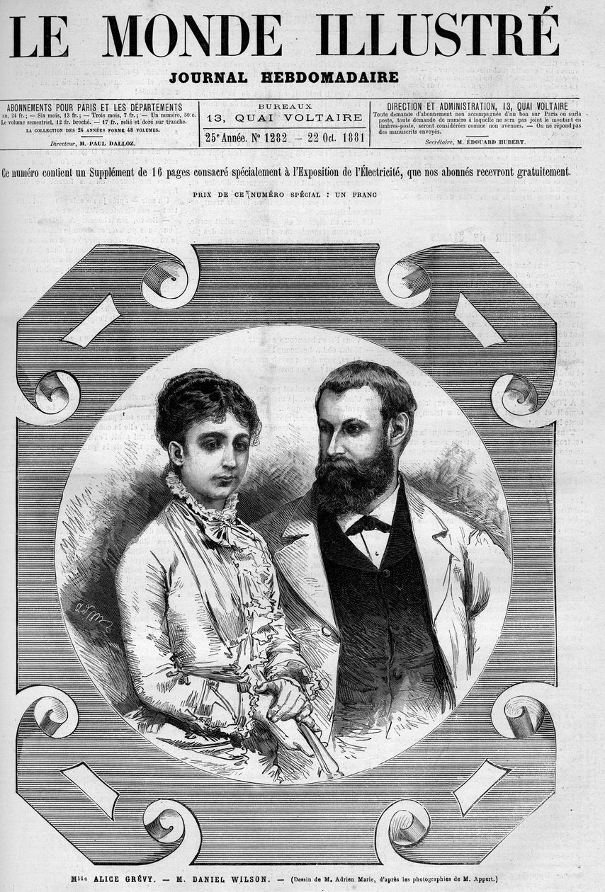 Porträt von Daniel Wilson (1840-1919), französischer Politiker mit seiner Frau Alice Grevy. Gravur von Adrien Marie. Eine der „Die illustrierte Welt“ Nr. 1282 vom 22. Oktober von Adrien Emmanuel Marie