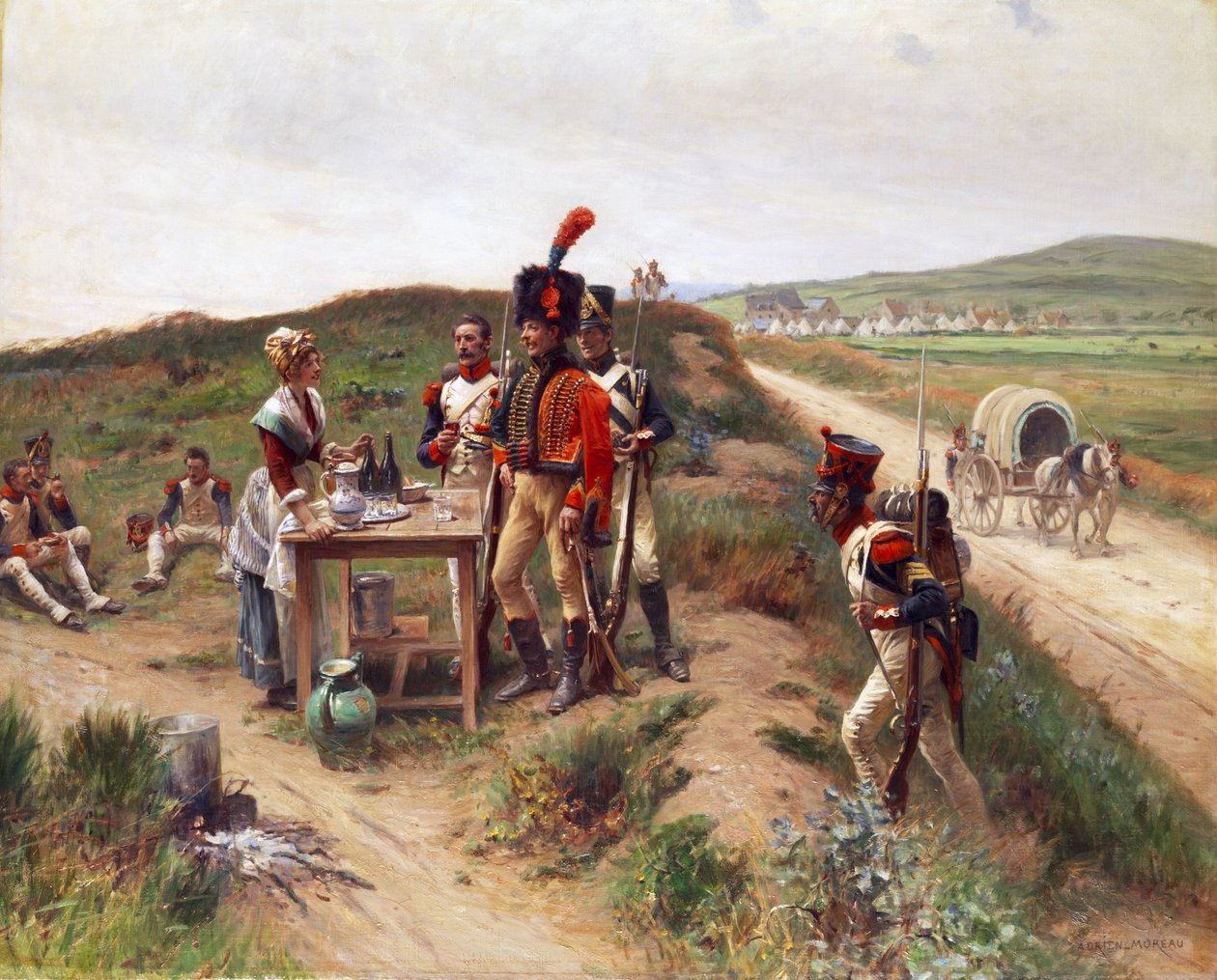 Soldaten bei einer jungen Markthändlerin auf der Rast von Adrien Moreau