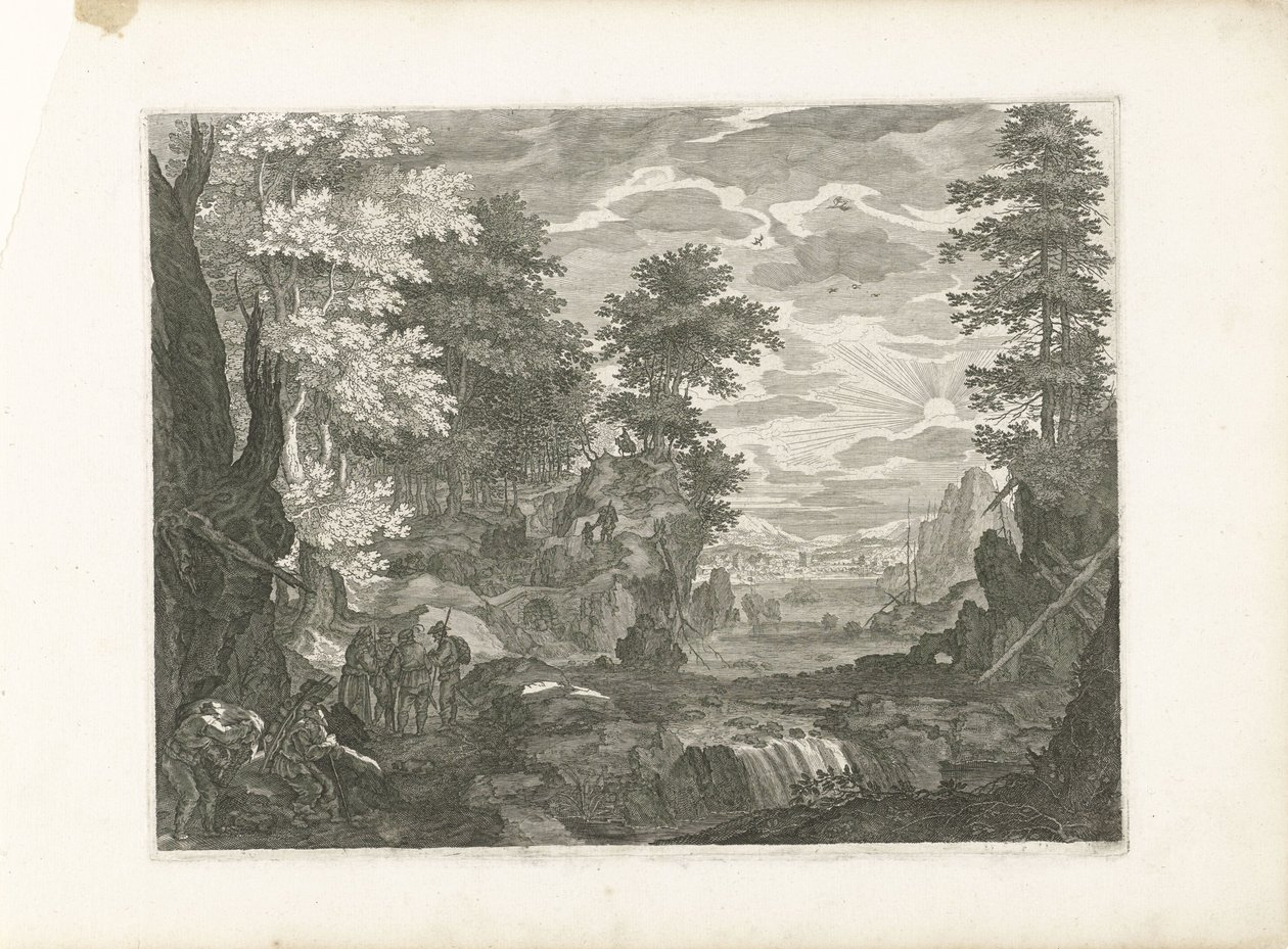 Wasserfall mit einer Stadt im Hintergrund (Vier Landschaften in Böhmen) von Aegidius Sadeler (II) (attributed to)