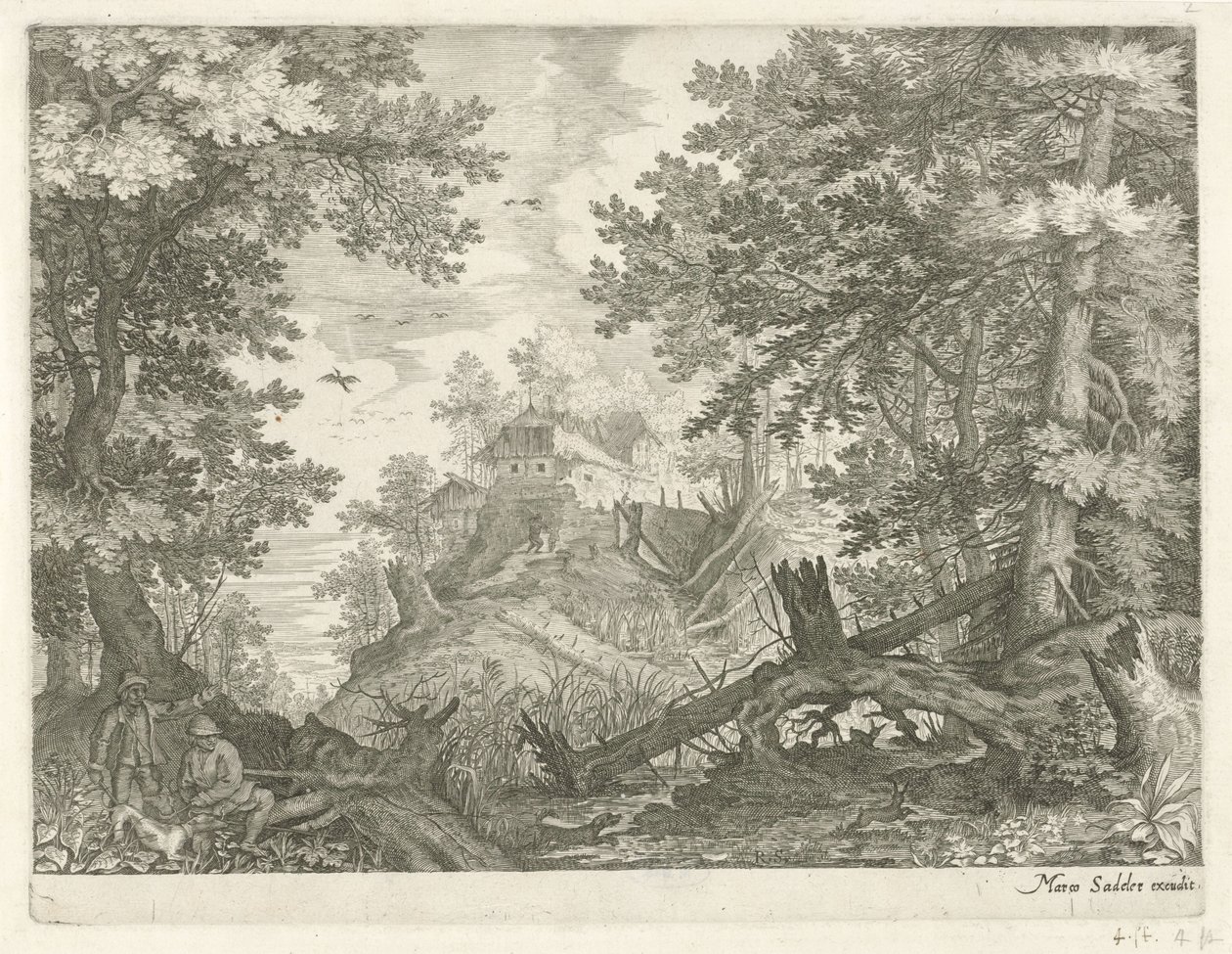 Waldlandschaft mit zwei Jägern und einem Hund von Egidius  Sadeler (II)