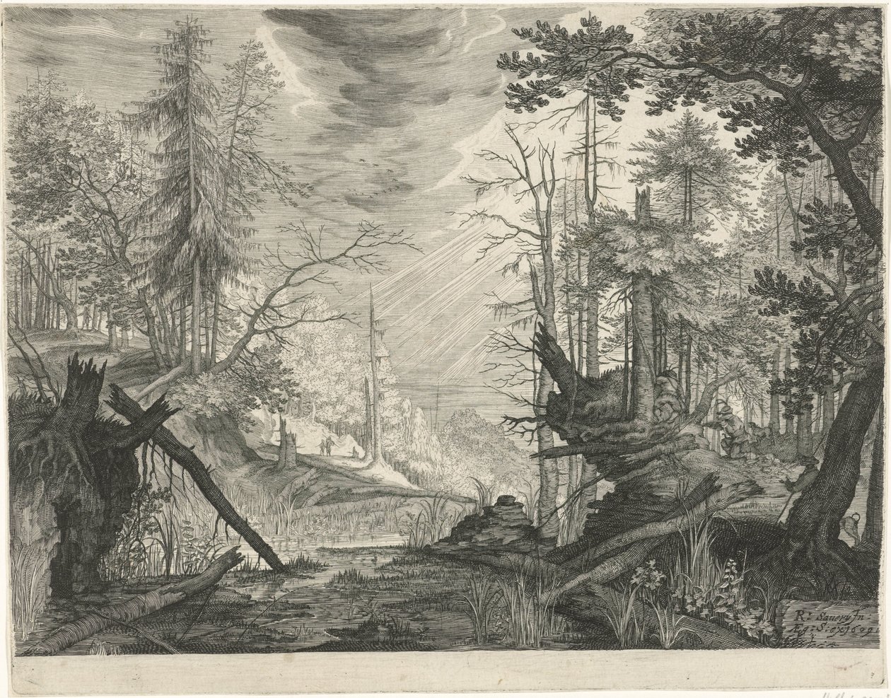 Drei Jäger an einem Fluss im Wald von Egidius  Sadeler (II)
