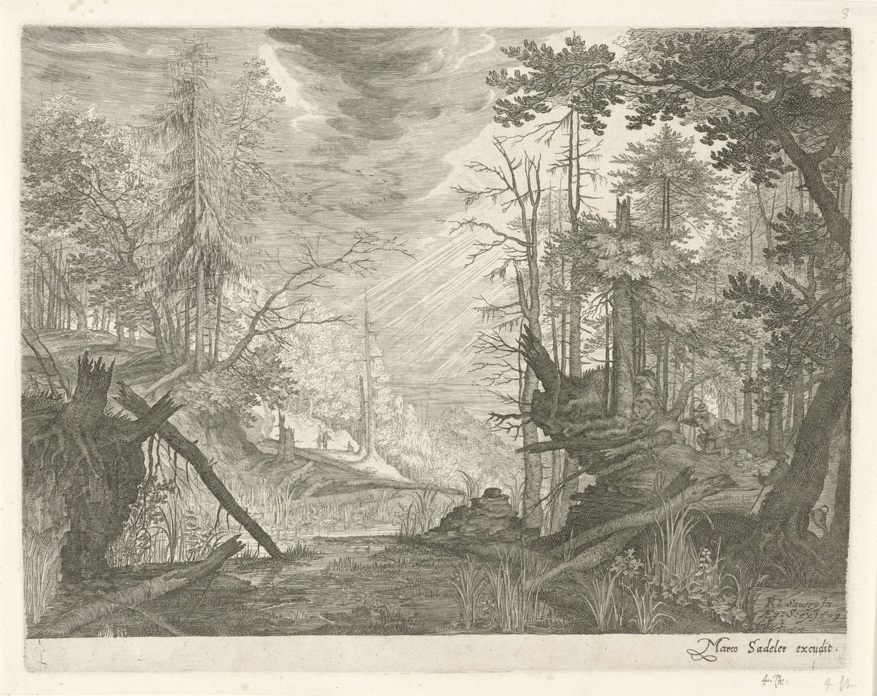 Drei Jäger an einem Fluss im Wald von Egidius  Sadeler (II)