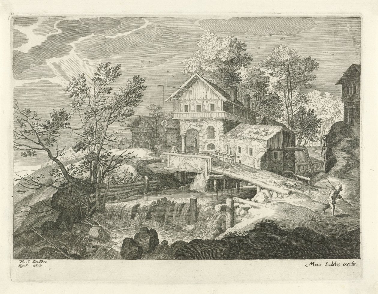Gasthaus und einige Häuser bei einer Brücke von Egidius  Sadeler (II)