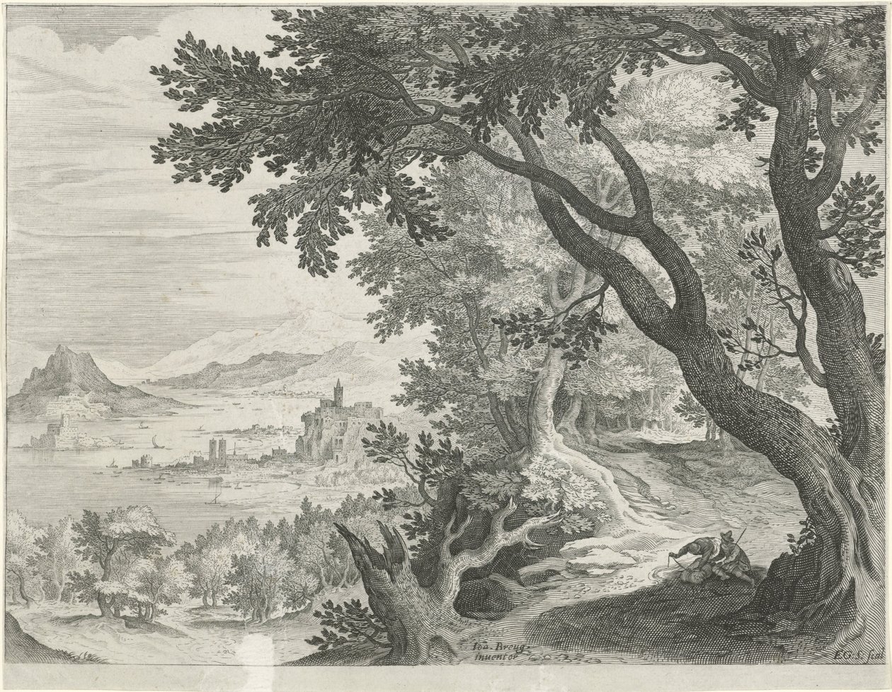 Landschaft mit zwei Figuren unter einem Baum von Egidius  Sadeler (II)