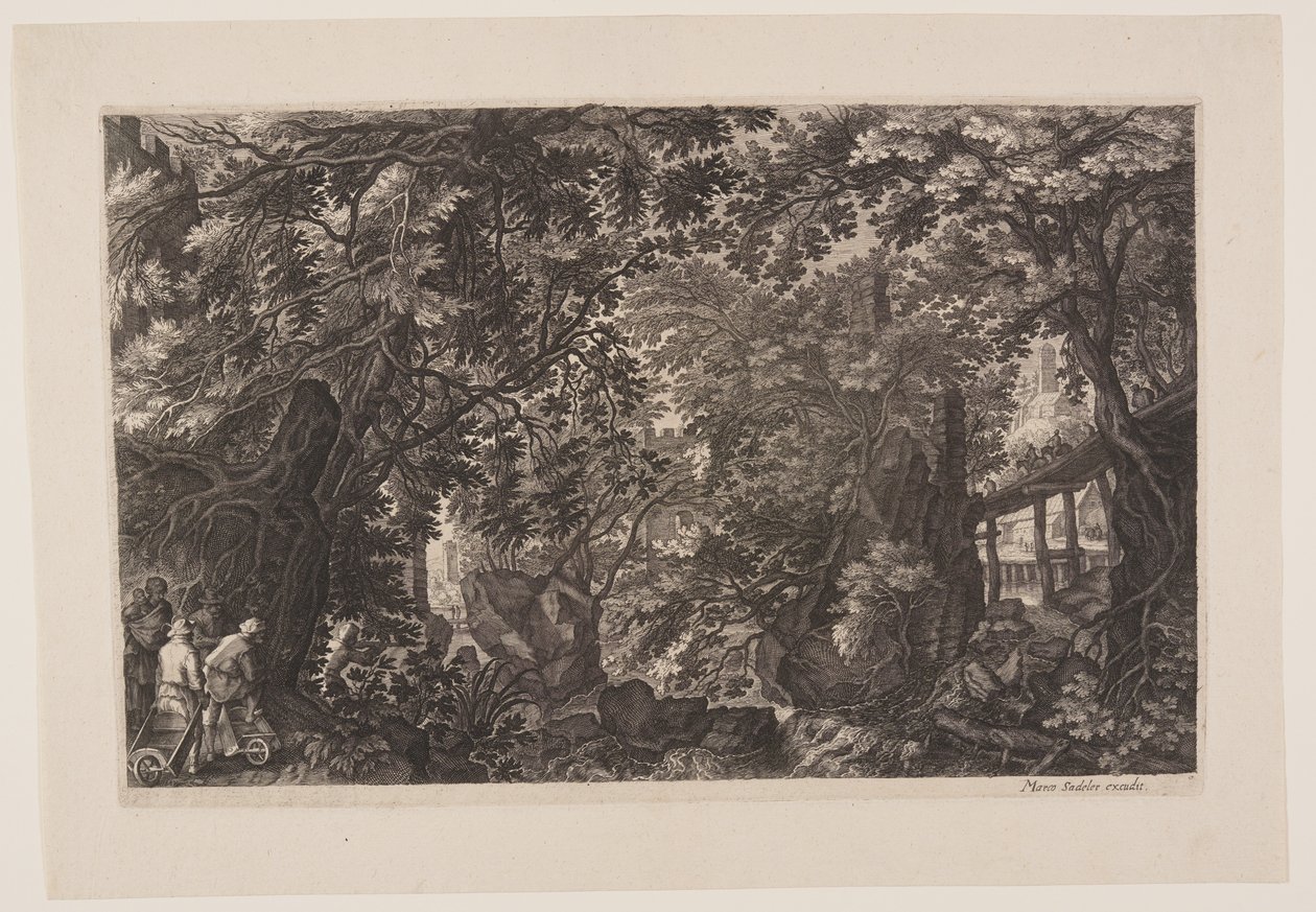 Szene Acht: Ein Wald mit einer Holzbrücke, aus Acht Szenen aus Böhmen von Aegidius Sadeler II