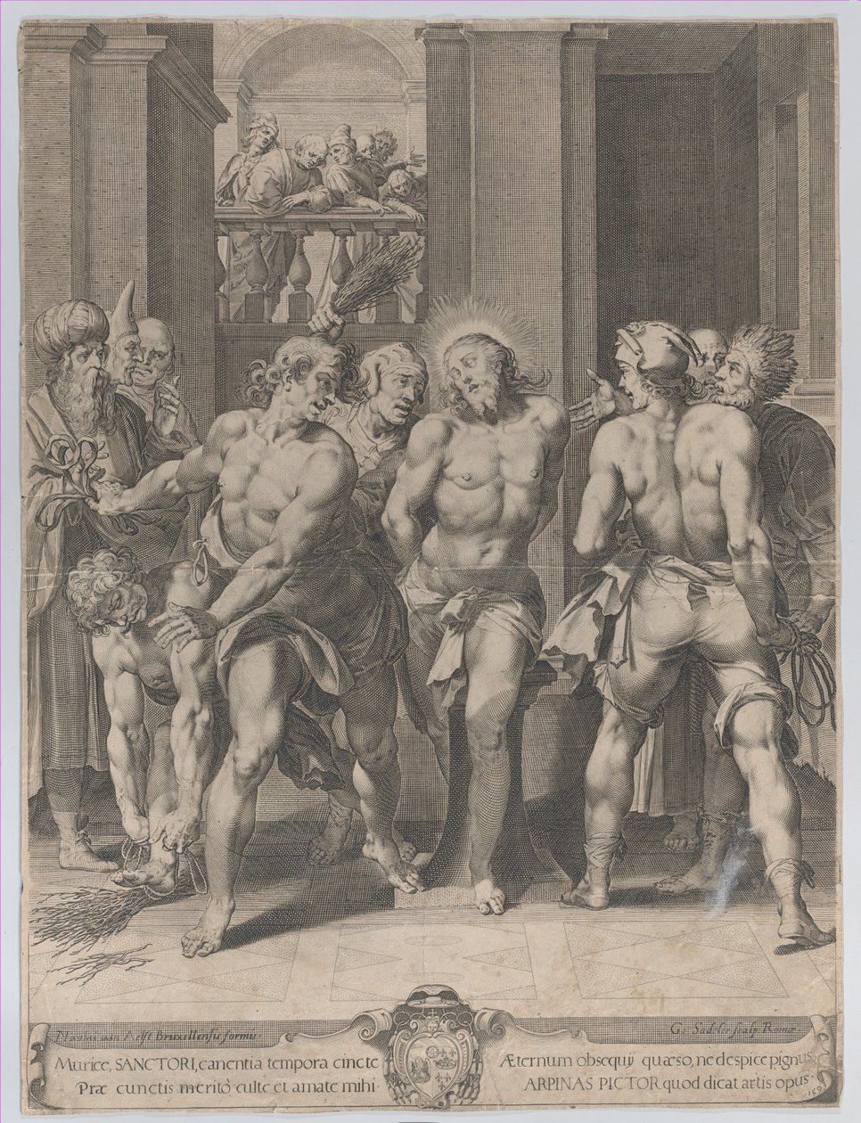 Die Geißelung Christi, mit Peinigern auf beiden Seiten und Figuren, die von einem Balkon zuschauen, 1593 von Aegidius Sadeler II