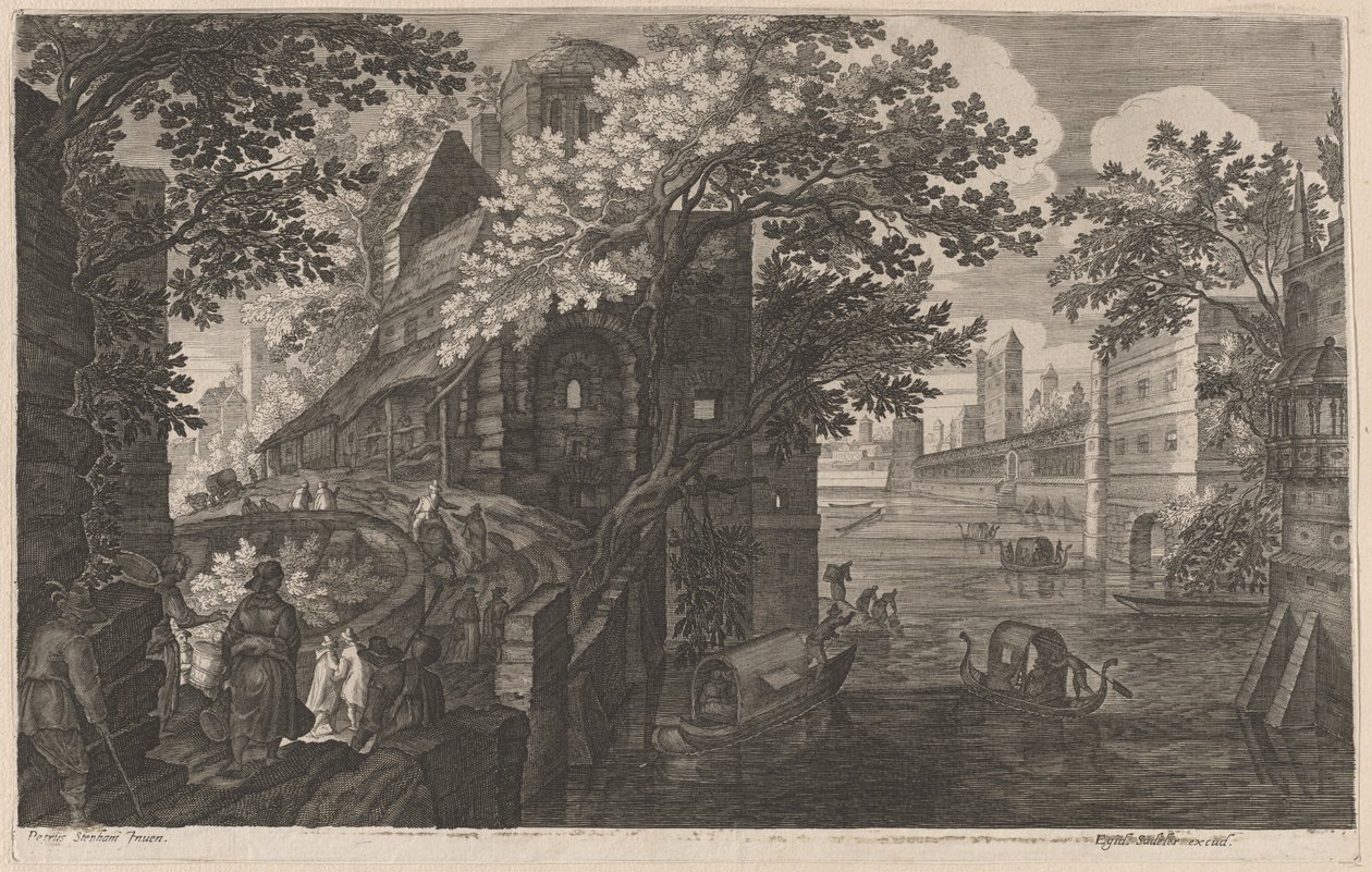 Gondeln auf einem Fluss bei einem Palast von Aegidius Sadeler II after Pieter Stevens