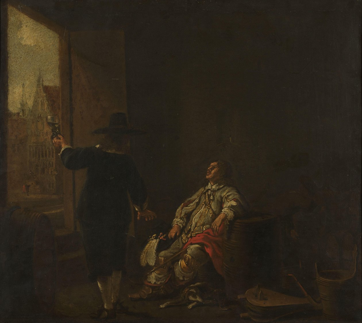 Schild eines Weingeschäfts, mit Weinverkostung auf der einen Seite und Weinabfüllung auf der anderen von Aelbert Cuyp (circle of)
