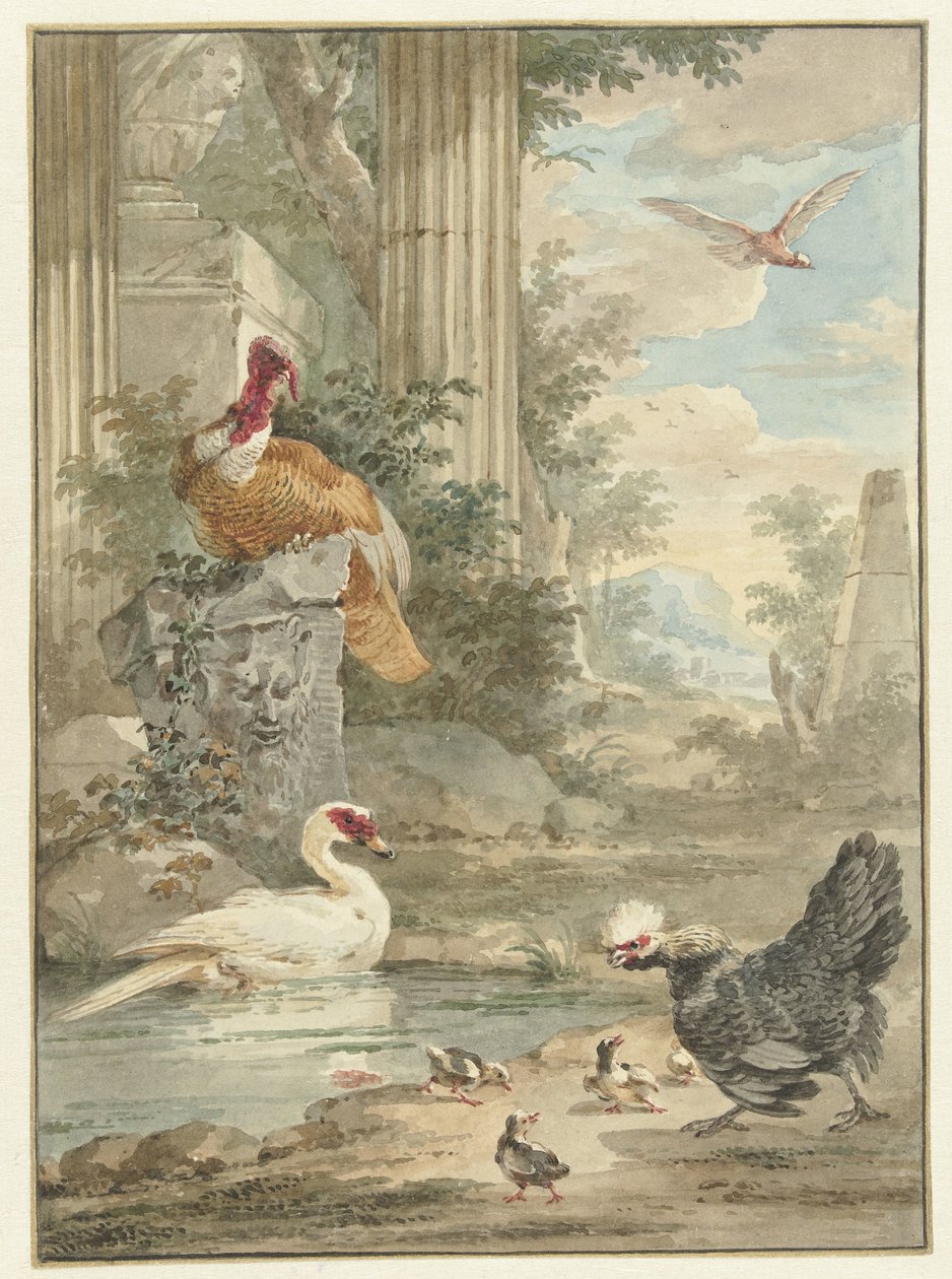 Truthahn und andere Vögel in der Nähe klassischer Ruinen in einem Park von Aert Schouman