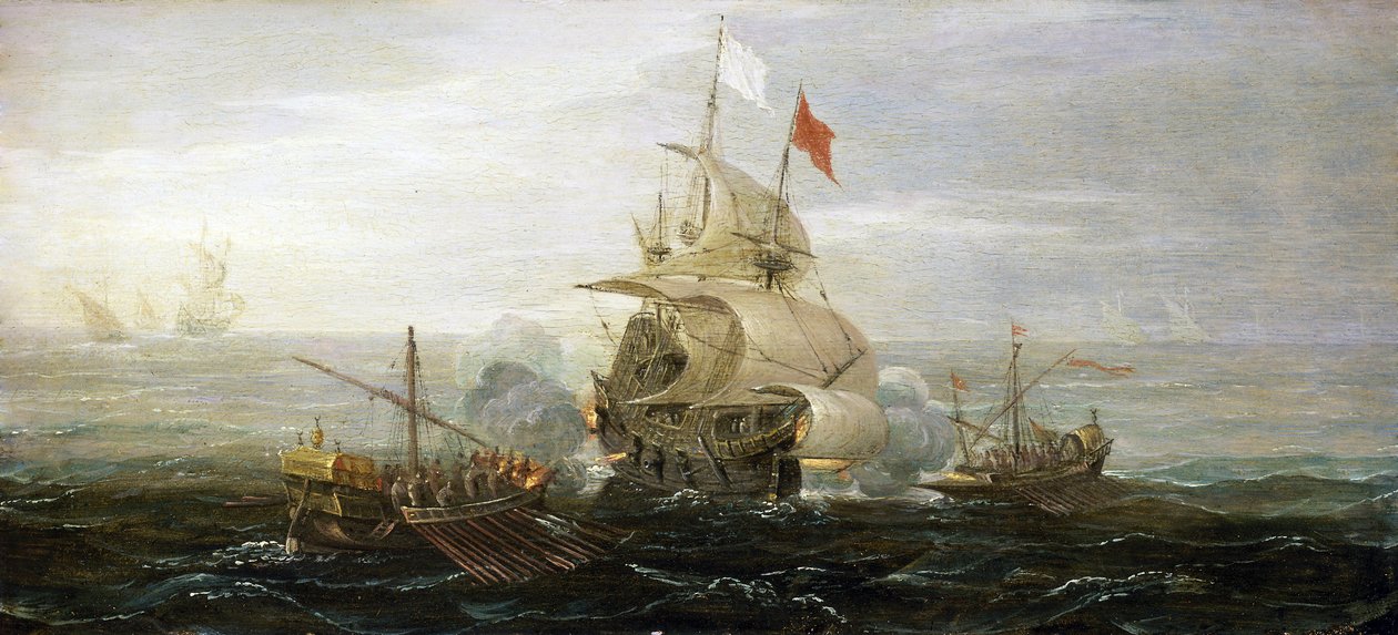 Der Angriff auf ein französisches Handelsschiff durch Piraten von Barbary (oder osmanische Korsaren), Mittelmeer von Aert van Antum
