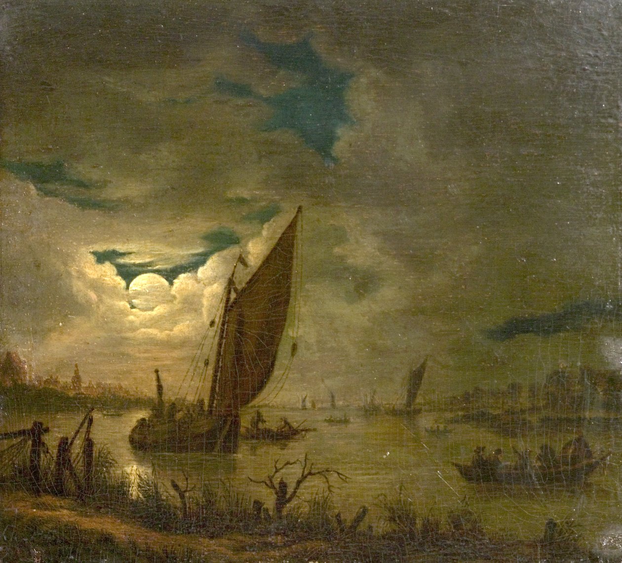 Flusslandschaft mit Booten und Figuren von Aert van der (imitator of) Neer