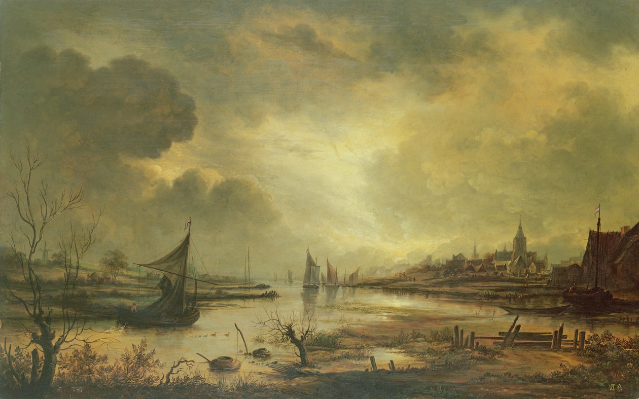 Niederländische Stadt an einem Fluss im Mondlicht von Aert van der Neer