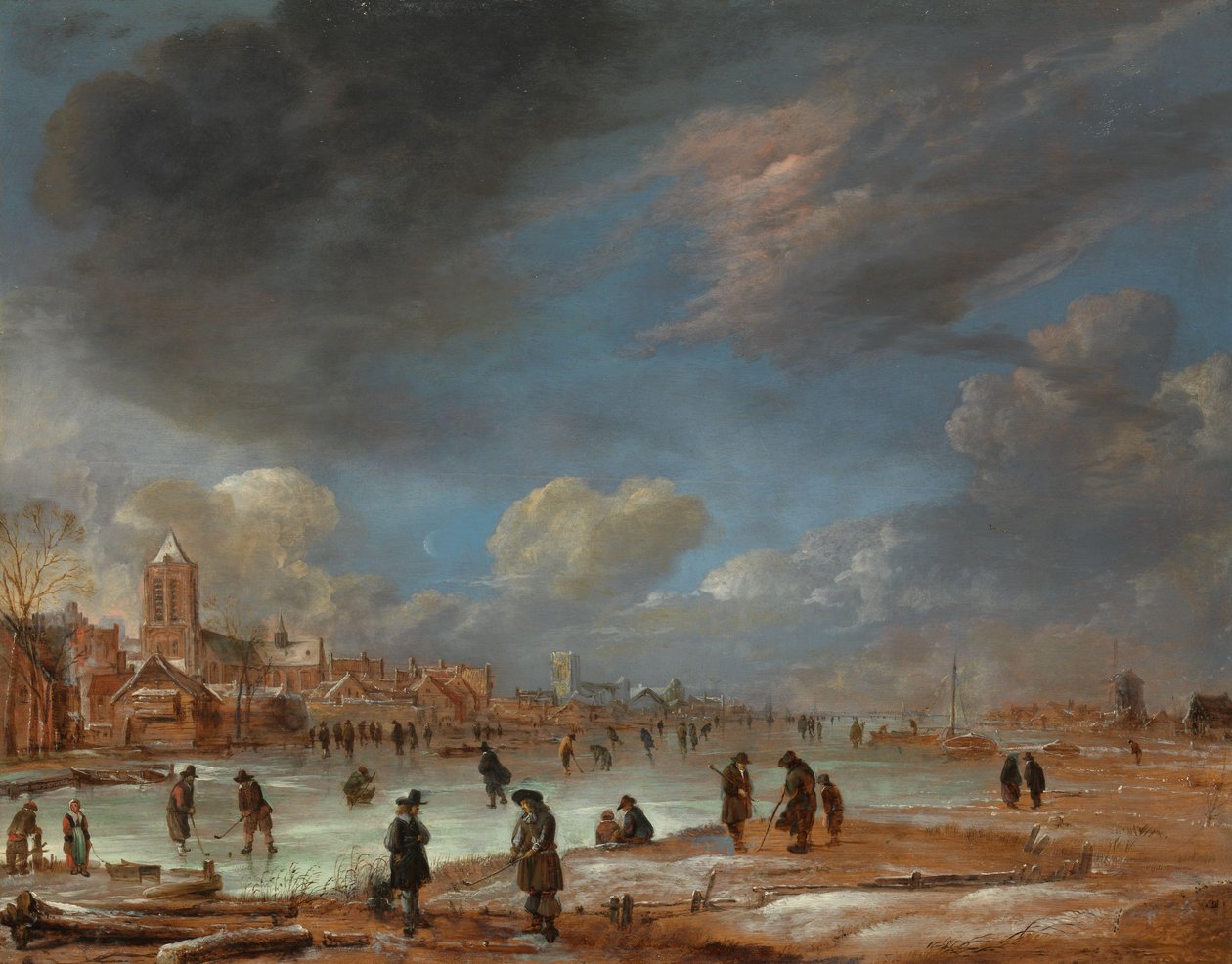 Winterlandschaft bei einer Stadt mit Kolfspielern von Aert van der Neer