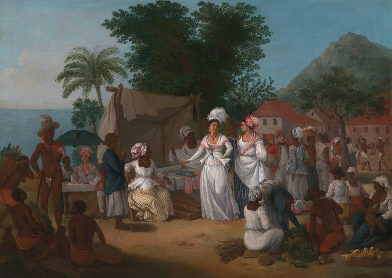 Ein Leinenmarkt mit einem Leinenstand und Gemüsehändler in Westindien von Agostino Brunias