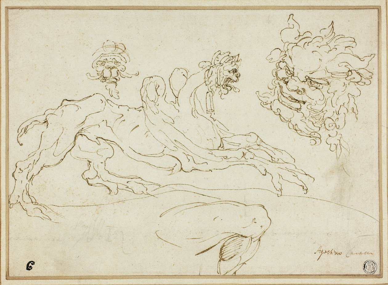 Vier Skizzen: Greif, Grotesker Kopf, Kopf eines Satyrs, Gebogenes Bein von Agostino Carracci