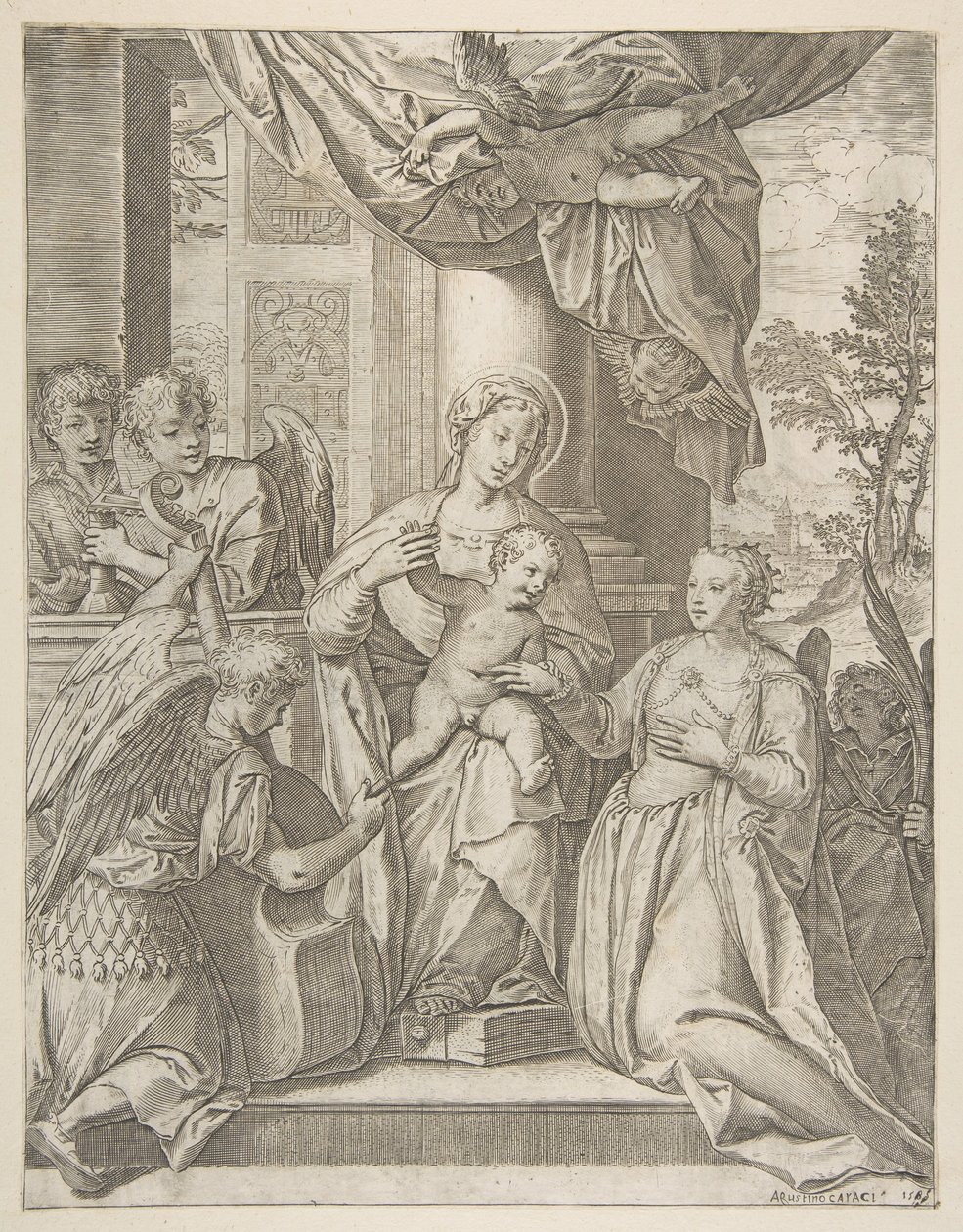 Die mystische Hochzeit der Heiligen Katharina, die in der Mitte mit dem Christuskind sitzt, Engel mit..., 1585 von Agostino Carracci